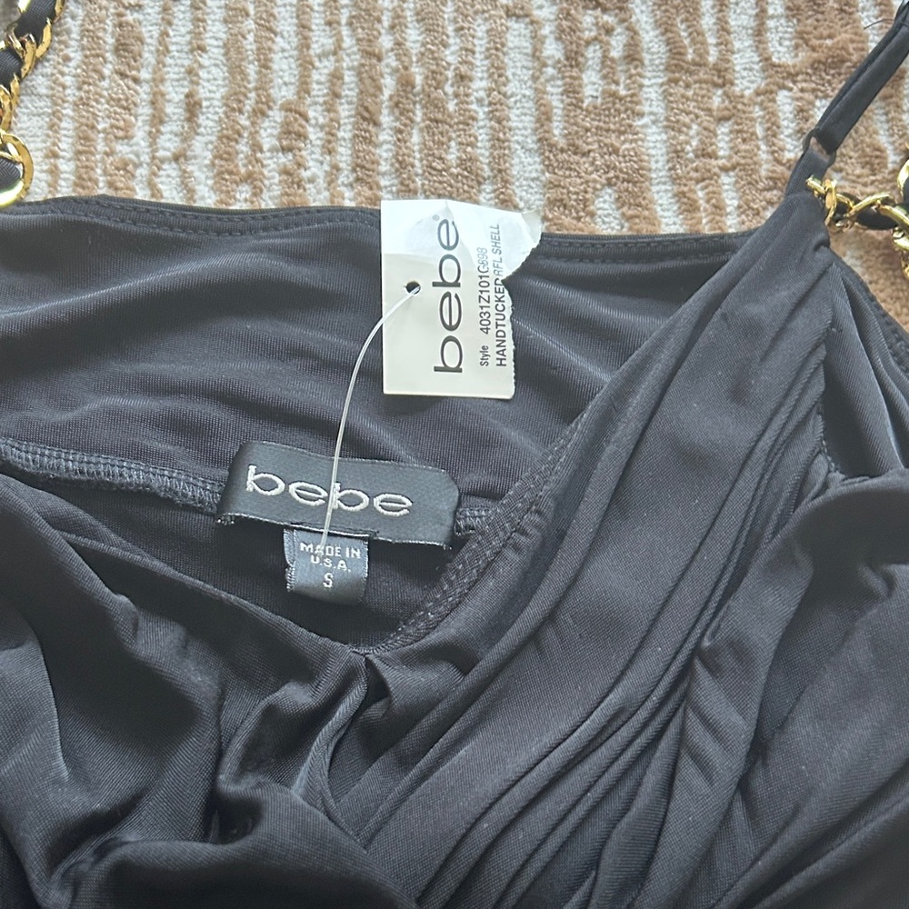 Bebe Black top with Gold Chain Accents